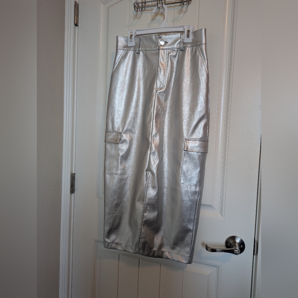 Silver faux leather midi skirt size medium